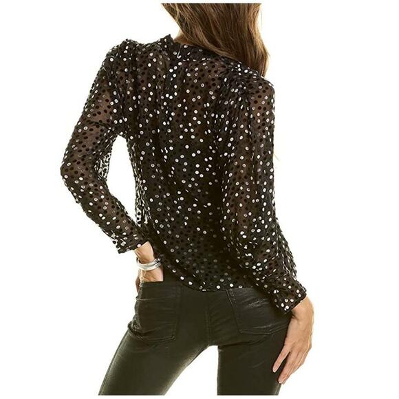 Rebecca Taylor Womens Velvet Dotted Sheer Top Sz 0 Black Long Sleeve Silk NWT - Picture 2 of 6